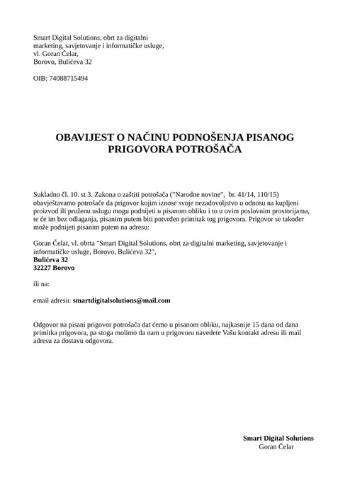 Obavijest o načinu podnošenja prigovora potrošača